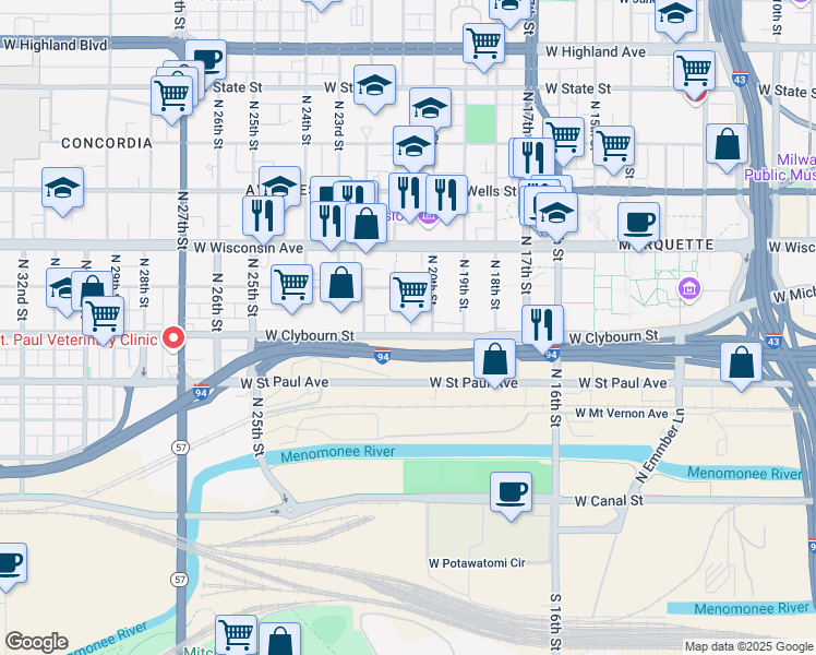 map of restaurants, bars, coffee shops, grocery stores, and more near 2030 W Clybourn St in Milwaukee