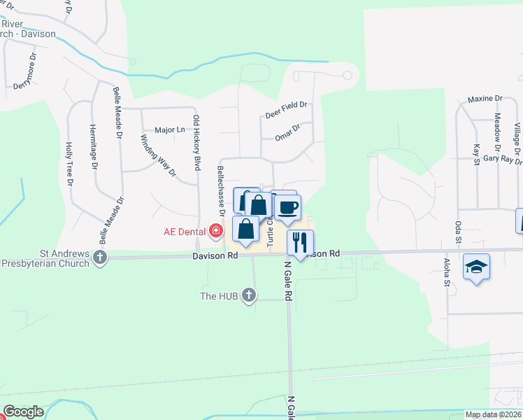 map of restaurants, bars, coffee shops, grocery stores, and more near 2065 West Ridge Drive in Davison
