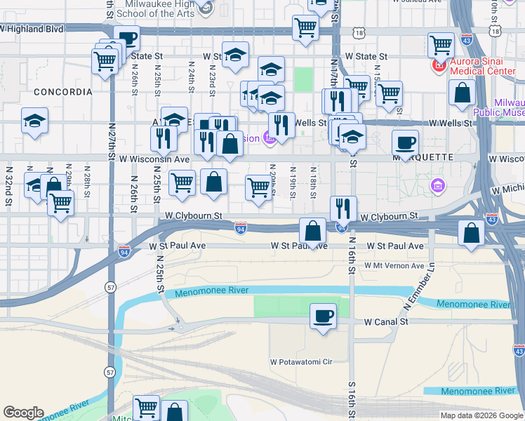 map of restaurants, bars, coffee shops, grocery stores, and more near 2016 West Clybourn Street in Milwaukee