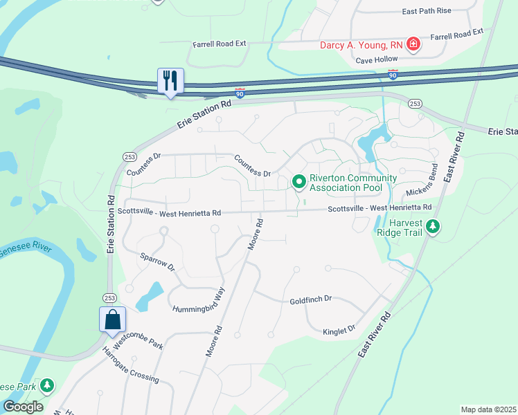map of restaurants, bars, coffee shops, grocery stores, and more near 3 Meadowrue Way in West Henrietta
