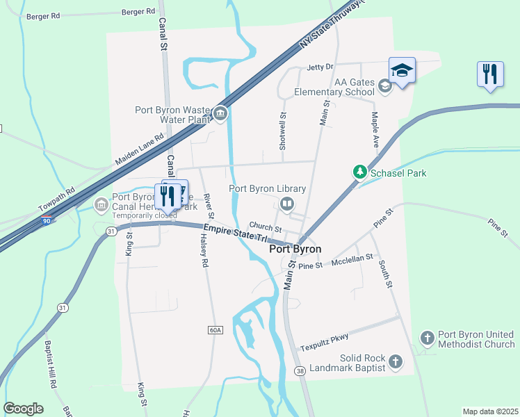 map of restaurants, bars, coffee shops, grocery stores, and more near 27 Church Street in Port Byron