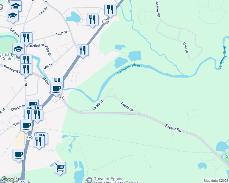 map of restaurants, bars, coffee shops, grocery stores, and more near 38 Ladds Lane in Epping