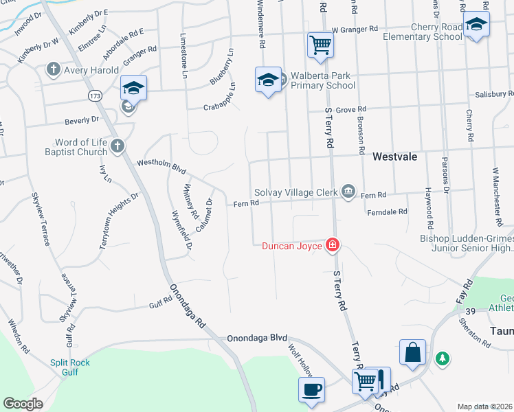 map of restaurants, bars, coffee shops, grocery stores, and more near 801 Fern Road in Syracuse