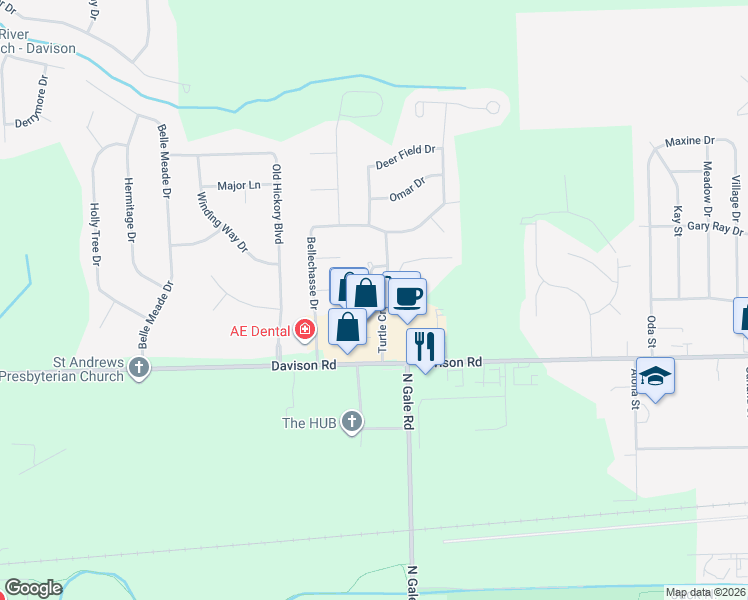 map of restaurants, bars, coffee shops, grocery stores, and more near 2065 West Ridge Drive in Davison