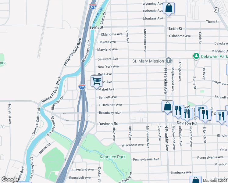 map of restaurants, bars, coffee shops, grocery stores, and more near 1450 Mabel Avenue in Flint