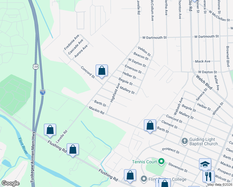 map of restaurants, bars, coffee shops, grocery stores, and more near G3410 Concord Street in Flint
