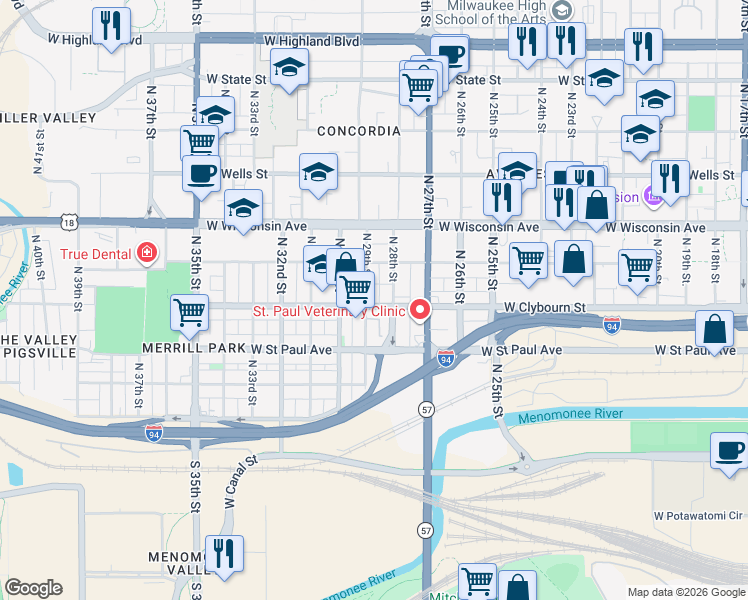 map of restaurants, bars, coffee shops, grocery stores, and more near 509 North 28th Street in Milwaukee