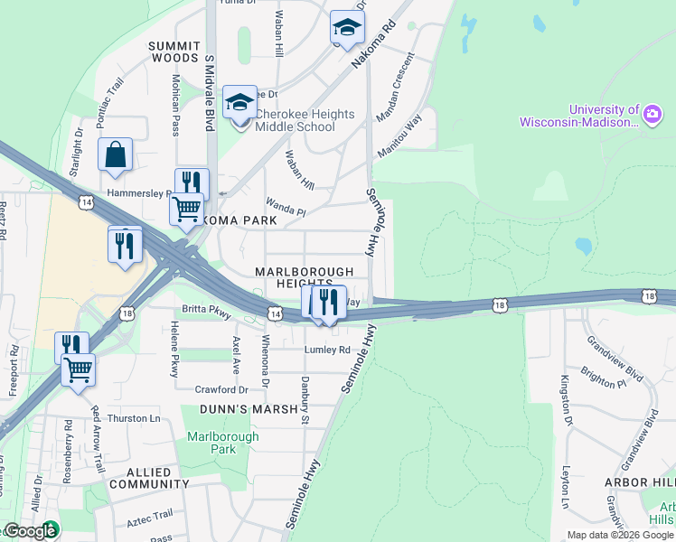 map of restaurants, bars, coffee shops, grocery stores, and more near 4215 Beverly Road in Madison