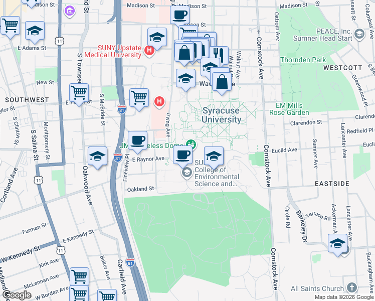 map of restaurants, bars, coffee shops, grocery stores, and more near 13244 Irving Avenue in Syracuse