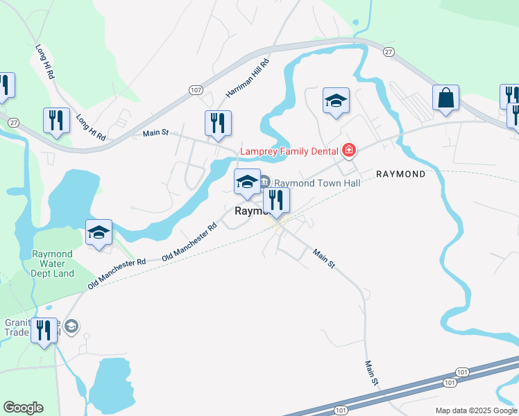 map of restaurants, bars, coffee shops, grocery stores, and more near 57 Main Street in Raymond