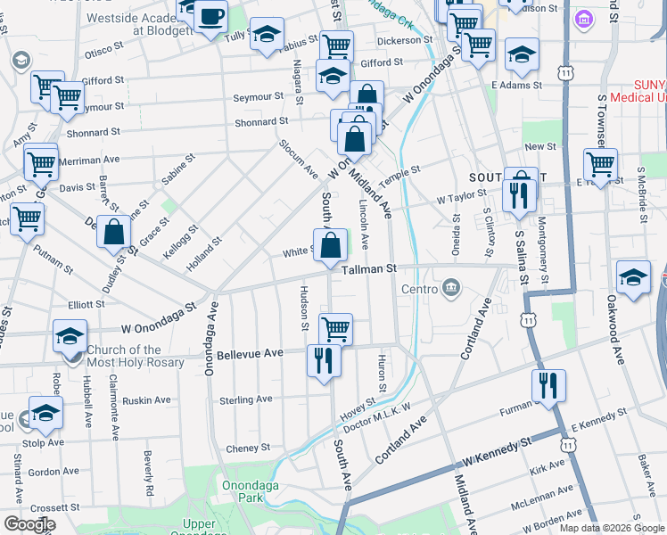 map of restaurants, bars, coffee shops, grocery stores, and more near 241 South Avenue in Syracuse
