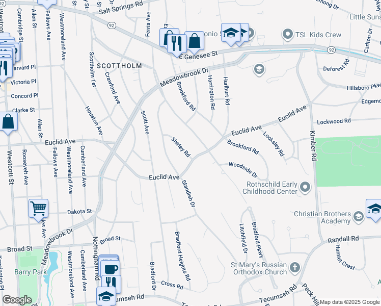 map of restaurants, bars, coffee shops, grocery stores, and more near 123 Shirley Road in Syracuse