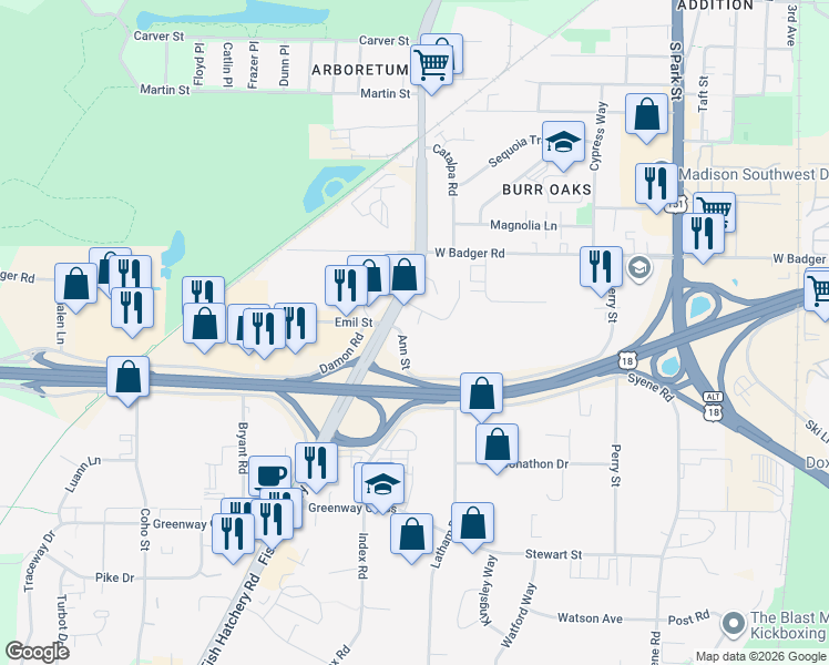 map of restaurants, bars, coffee shops, grocery stores, and more near 13 Adeline Circle in Madison