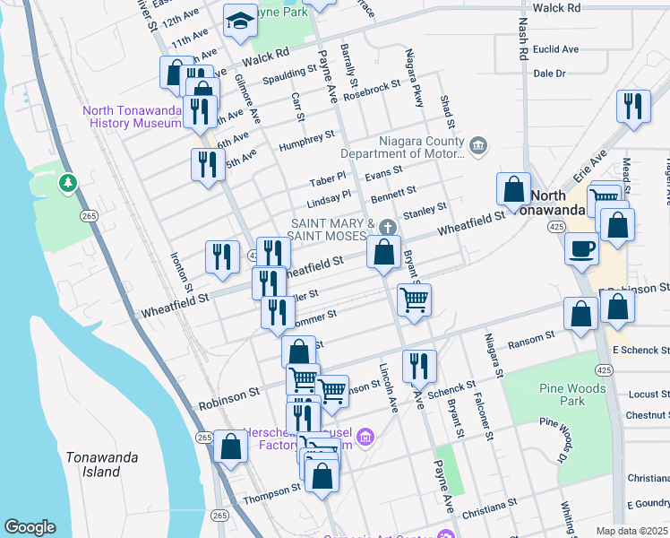 map of restaurants, bars, coffee shops, grocery stores, and more near 269 Wheatfield Street in North Tonawanda