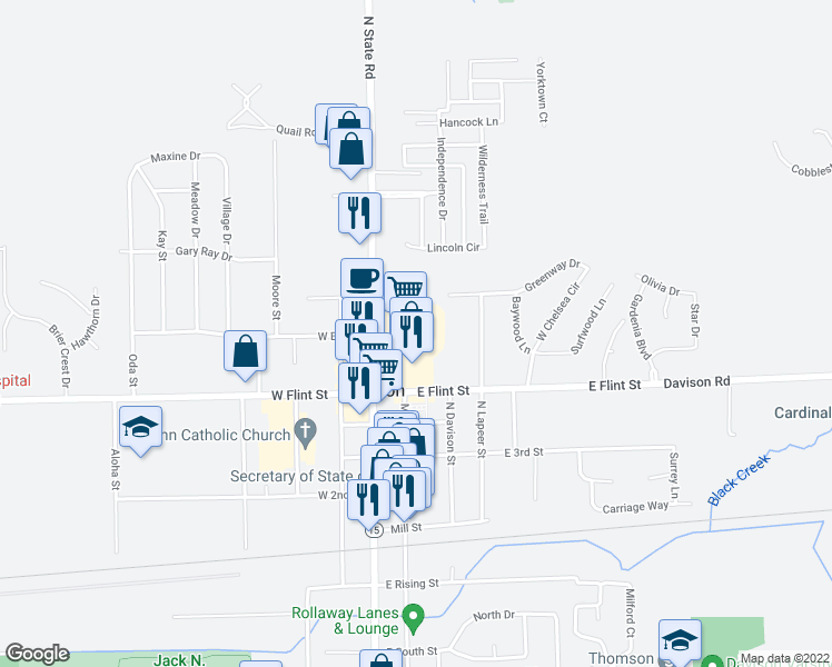 map of restaurants, bars, coffee shops, grocery stores, and more near 700 North State Road in Davison