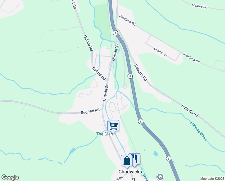 map of restaurants, bars, coffee shops, grocery stores, and more near 3590 Oneida Street in New Hartford