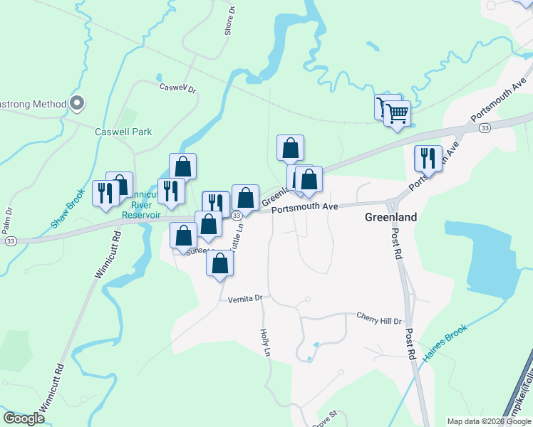 map of restaurants, bars, coffee shops, grocery stores, and more near 603 Portsmouth Avenue in Greenland