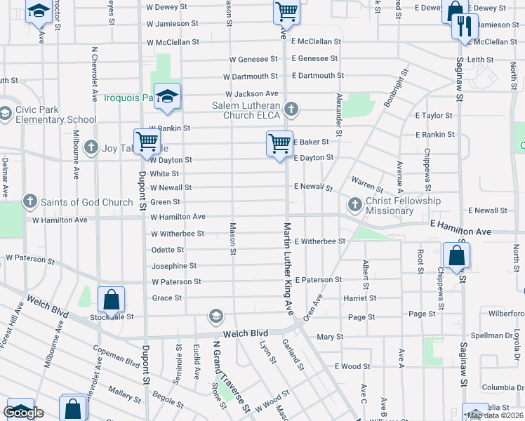 map of restaurants, bars, coffee shops, grocery stores, and more near 136 West Hamilton Avenue in Flint