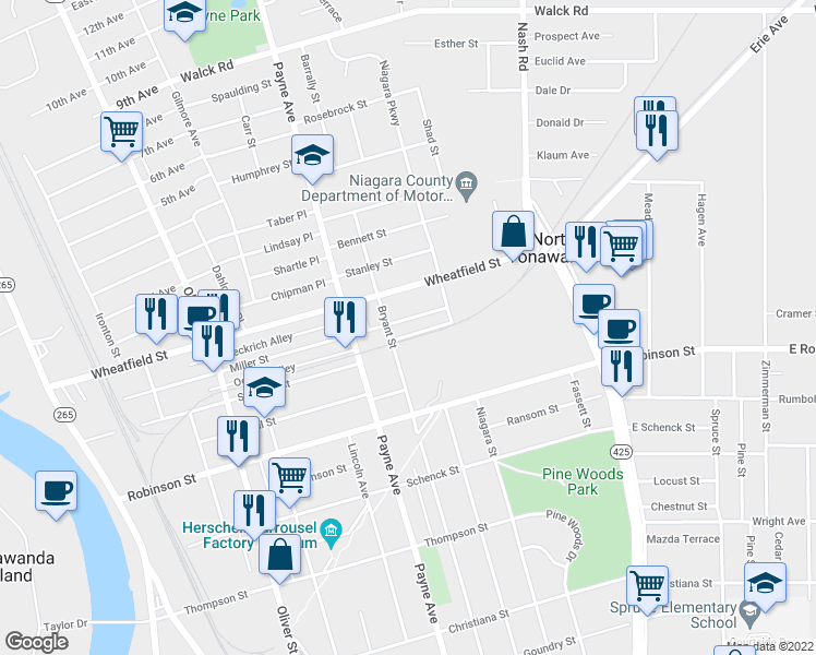 map of restaurants, bars, coffee shops, grocery stores, and more near 363 Miller Street in North Tonawanda