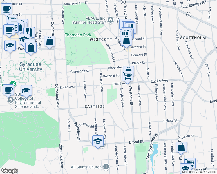 map of restaurants, bars, coffee shops, grocery stores, and more near 720-22 Euclid Avenue in Syracuse