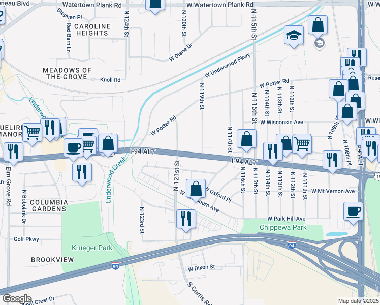 map of restaurants, bars, coffee shops, grocery stores, and more near 12000 West Bluemound Road in Wauwatosa