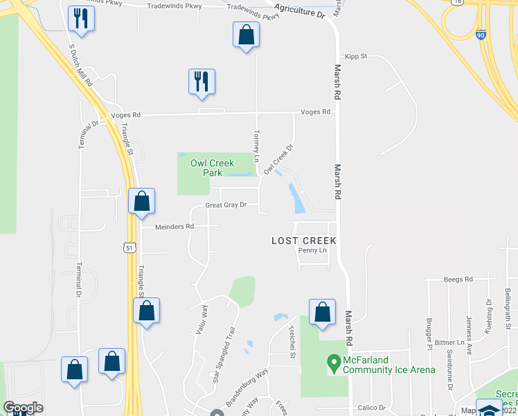 map of restaurants, bars, coffee shops, grocery stores, and more near 4227 Owl Creek Drive in Madison