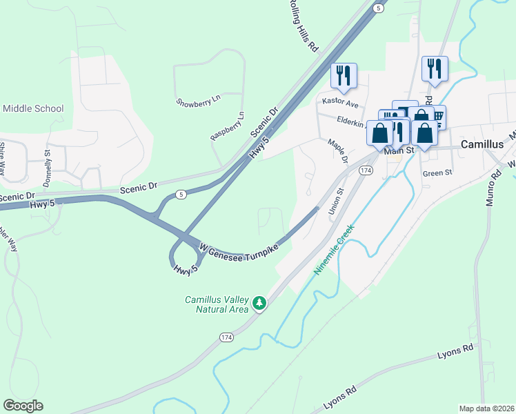 map of restaurants, bars, coffee shops, grocery stores, and more near 126 Camillus Drive in Camillus