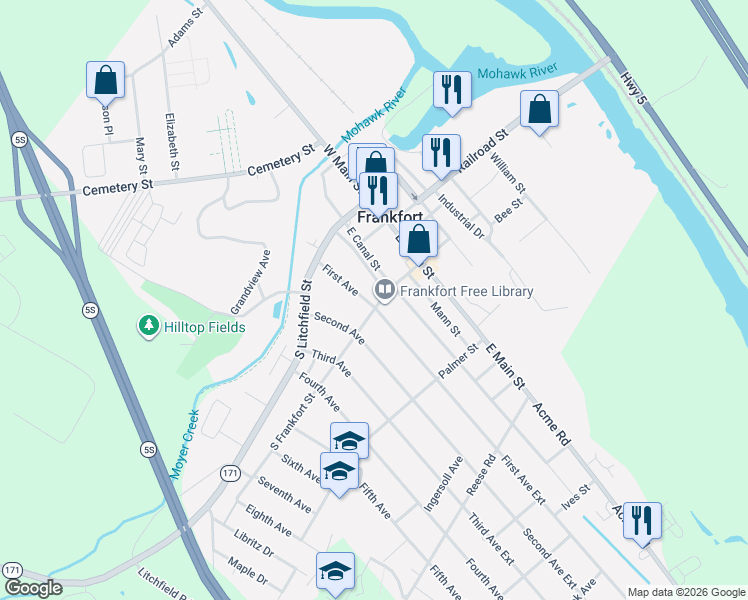 map of restaurants, bars, coffee shops, grocery stores, and more near 128 Pleasant Avenue in Frankfort