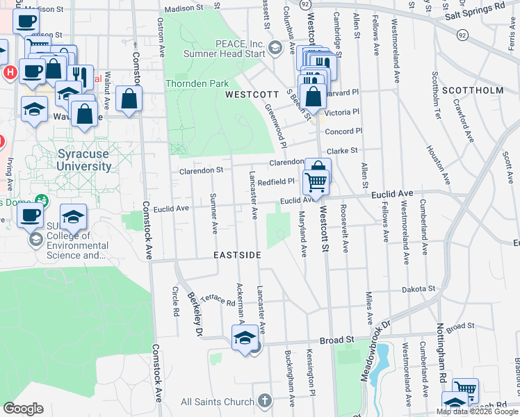 map of restaurants, bars, coffee shops, grocery stores, and more near 706 Euclid Avenue in Syracuse