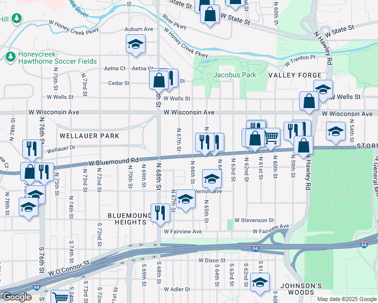 map of restaurants, bars, coffee shops, grocery stores, and more near 513 North 66th Street in Wauwatosa