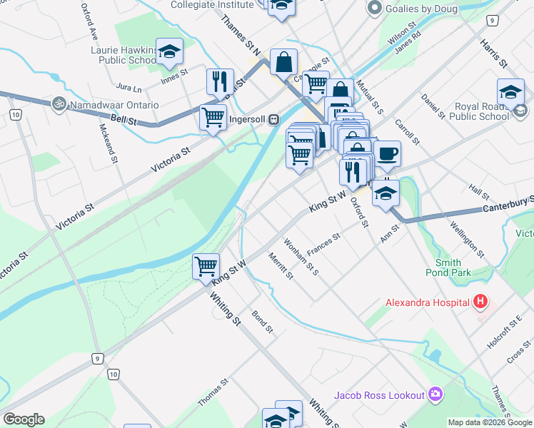 map of restaurants, bars, coffee shops, grocery stores, and more near 117 Wonham Street South in Ingersoll