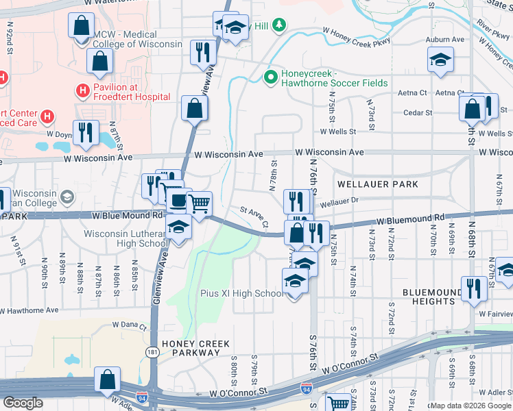 map of restaurants, bars, coffee shops, grocery stores, and more near 7858 Saint Anne Court in Wauwatosa