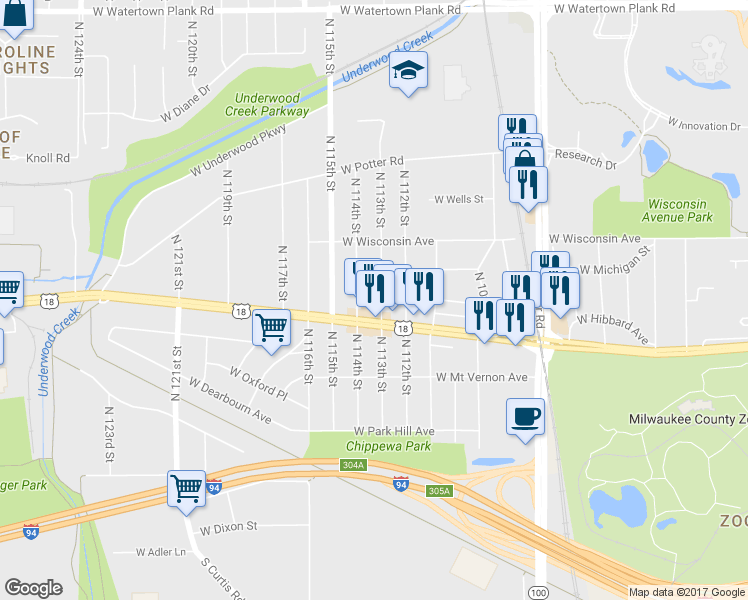 map of restaurants, bars, coffee shops, grocery stores, and more near 457 North 113th Street in Wauwatosa