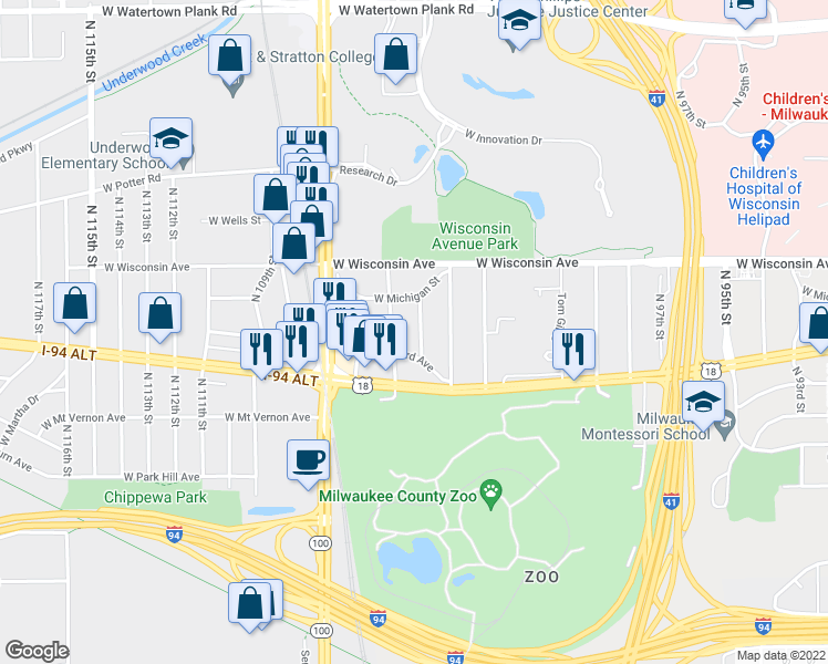 map of restaurants, bars, coffee shops, grocery stores, and more near 535 North 105th Street in Wauwatosa