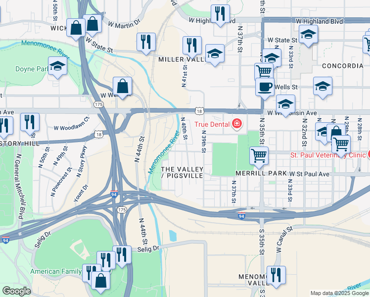 map of restaurants, bars, coffee shops, grocery stores, and more near 4000 West Clybourn Street in Milwaukee