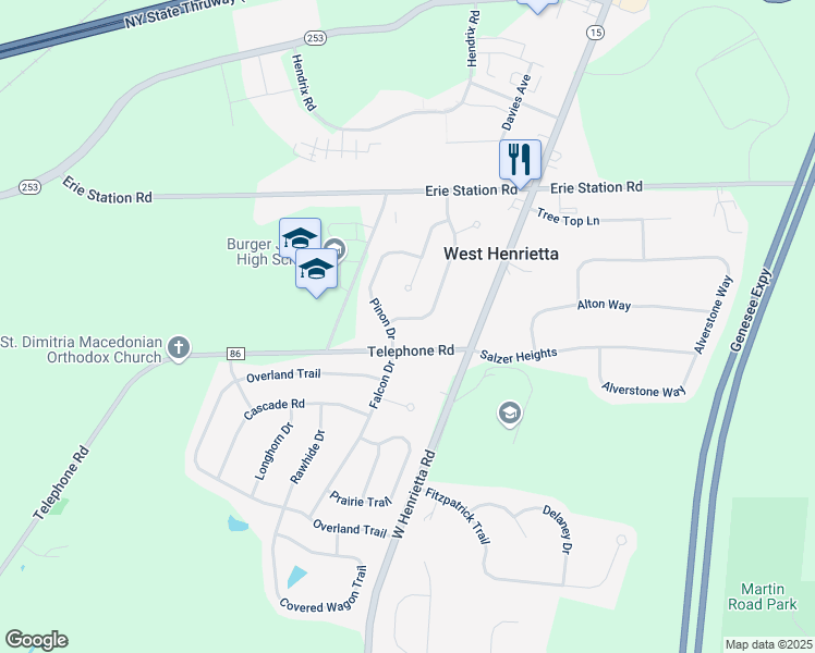 map of restaurants, bars, coffee shops, grocery stores, and more near 86 Yellowstone Drive in West Henrietta
