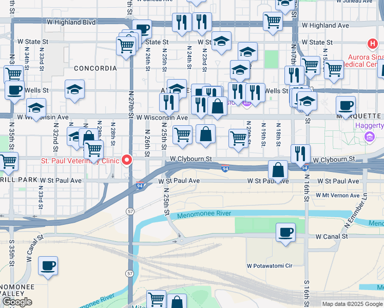 map of restaurants, bars, coffee shops, grocery stores, and more near 2312 West Clybourn Street in Milwaukee
