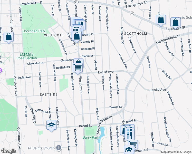 map of restaurants, bars, coffee shops, grocery stores, and more near 217 Strong Avenue in Syracuse