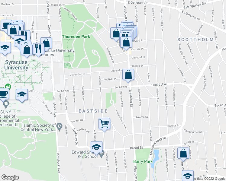 map of restaurants, bars, coffee shops, grocery stores, and more near 726 Euclid Avenue in Syracuse