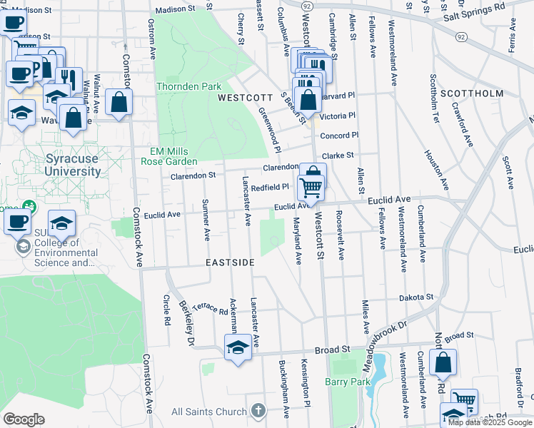map of restaurants, bars, coffee shops, grocery stores, and more near 726 Euclid Avenue in Syracuse