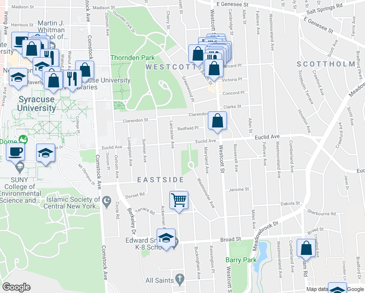 map of restaurants, bars, coffee shops, grocery stores, and more near 726 Euclid Avenue in Syracuse