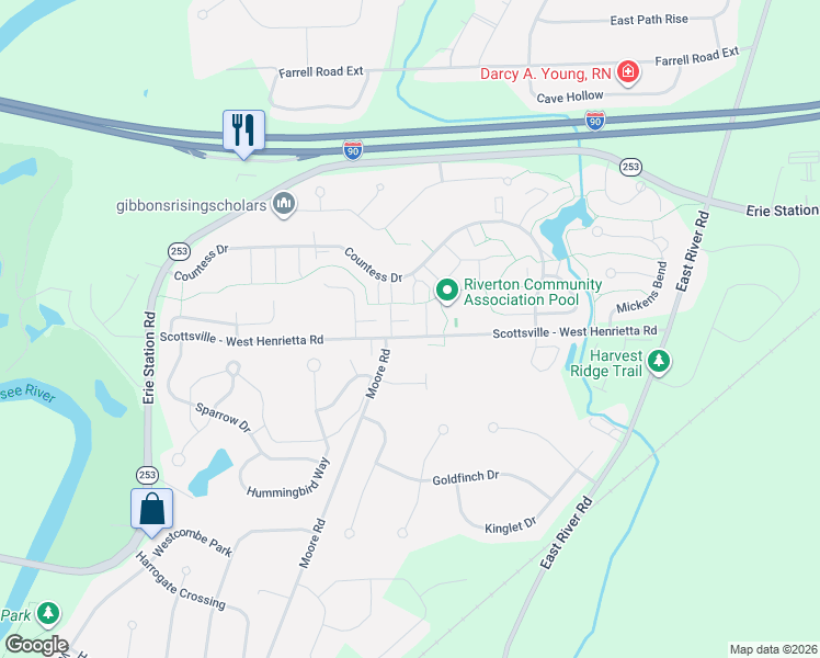 map of restaurants, bars, coffee shops, grocery stores, and more near 23 Mayapple Lane in West Henrietta