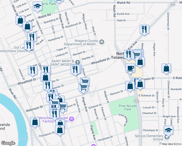map of restaurants, bars, coffee shops, grocery stores, and more near 363 Miller Street in North Tonawanda