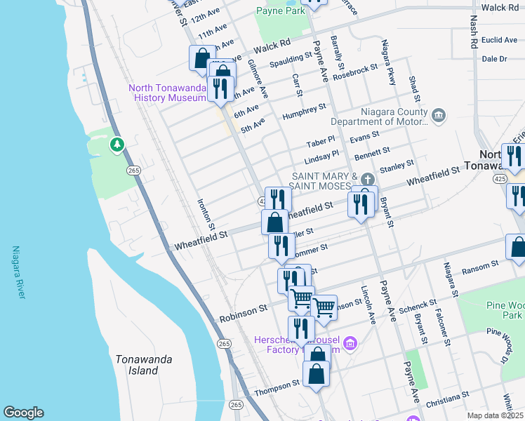 map of restaurants, bars, coffee shops, grocery stores, and more near 67 1st Avenue in North Tonawanda
