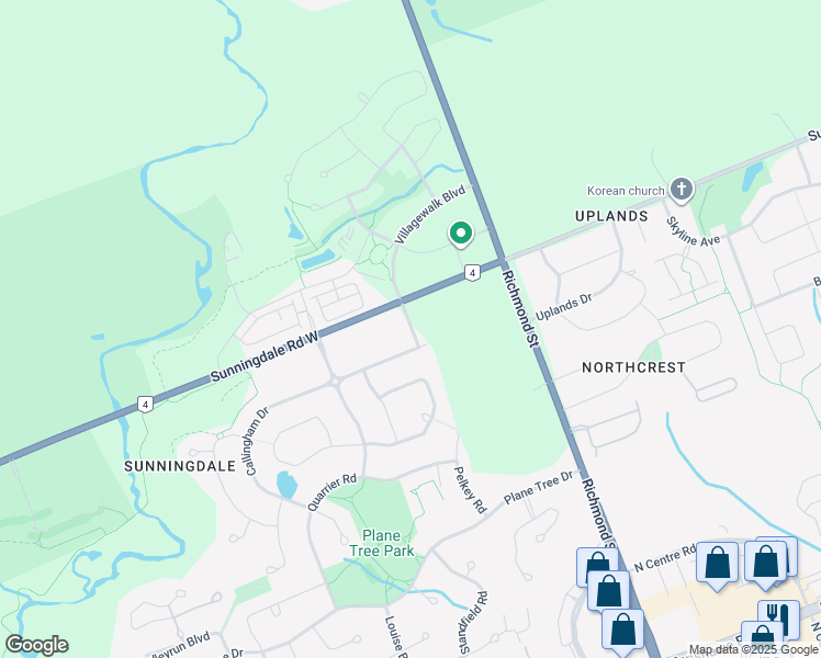 map of restaurants, bars, coffee shops, grocery stores, and more near 240 Villagewalk Boulevard in London