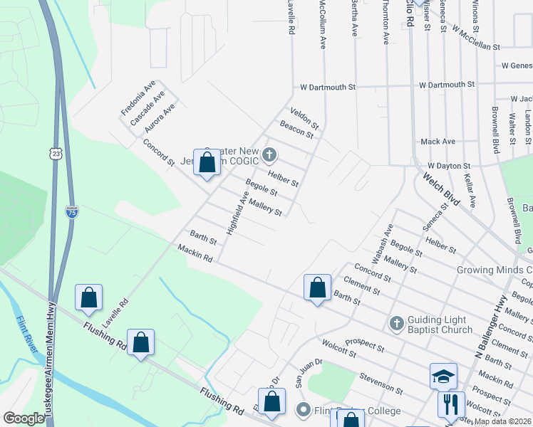map of restaurants, bars, coffee shops, grocery stores, and more near 3375 Mallery Street in Flint