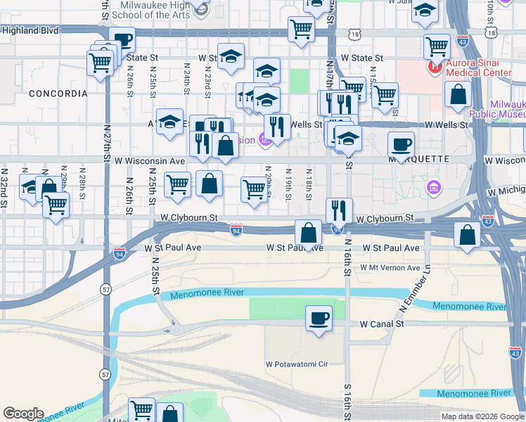 map of restaurants, bars, coffee shops, grocery stores, and more near 510 North 20th Street in Milwaukee