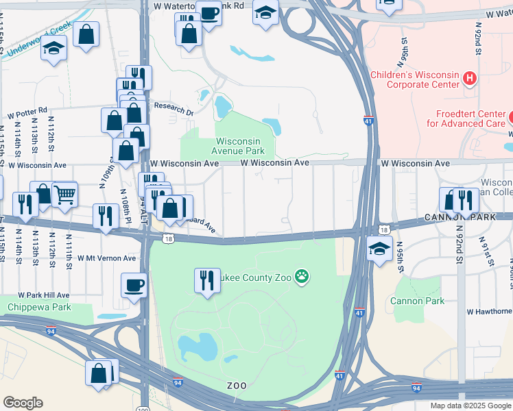 map of restaurants, bars, coffee shops, grocery stores, and more near 532-600 North 103rd Street in Wauwatosa