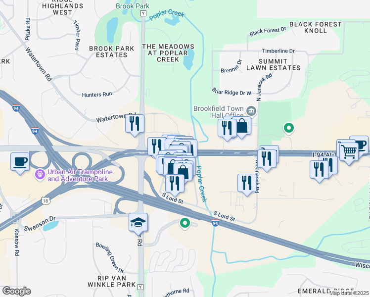 map of restaurants, bars, coffee shops, grocery stores, and more near 20100 West Bluemound Road in Brookfield