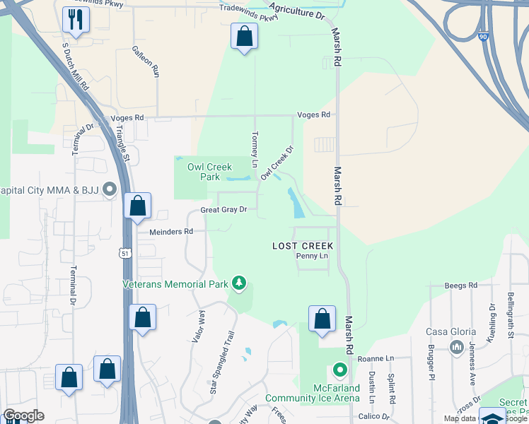 map of restaurants, bars, coffee shops, grocery stores, and more near 4117 Owl Creek Drive in Madison